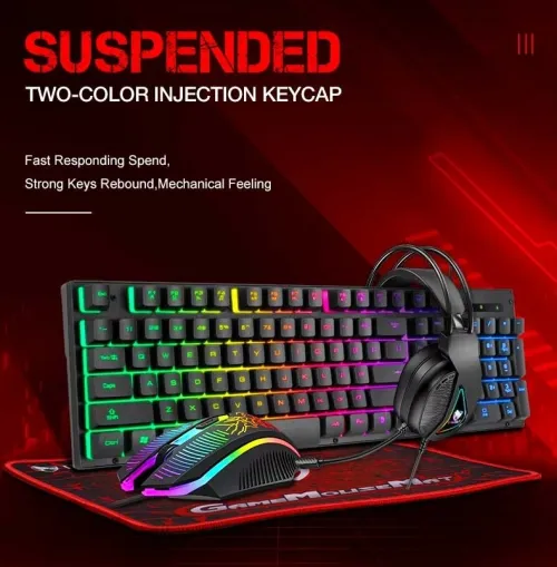 Pack Gaming 4en1 - Clavier Filaire, Souris 4 Boutons, Casque Stéréo avec Micro & Tapis TF400 T-WOLF
