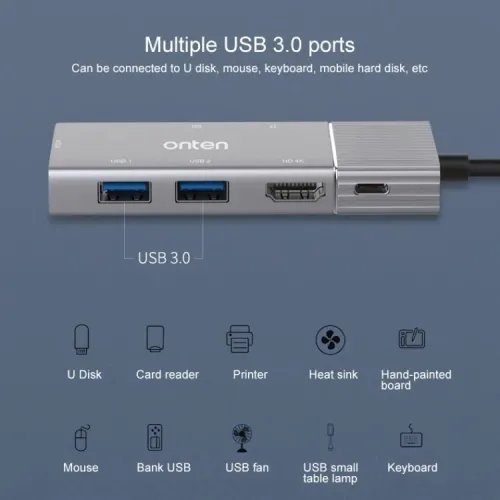 Station d'Accueil 7-en-1- USB-C, Vidéo HDMI+VGA 4K, 2*USB 3.0,  PD, SD/TF, Audio ,OTN-95113 ONTEN
