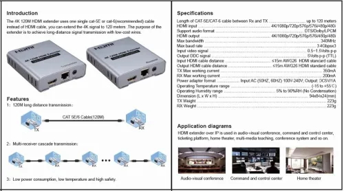 Extendeur HDMI 4K 120M avec Connexion en Cascade et Contrôle IR Via Câble Ethernet Cat6
