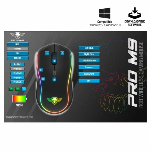 Souris Gamer Sans Fil 2.4GHz Capteur 4200 Dpi 6 Programmable Bouton RGB PRO-M9 Spirit Of Gamer