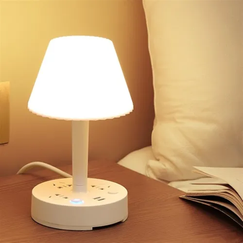 Lampe Veilleuse pour Chevet & Bureau avec Prises Secteur et Ports USB, Câble Secteur à 1.8m 