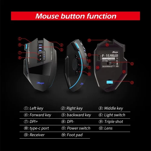 Souris Gaming Dual Mode Filaire USB & Sans Fil 2.4GHZ Jusqu'a 4800 DPI F-15 ZELOTES