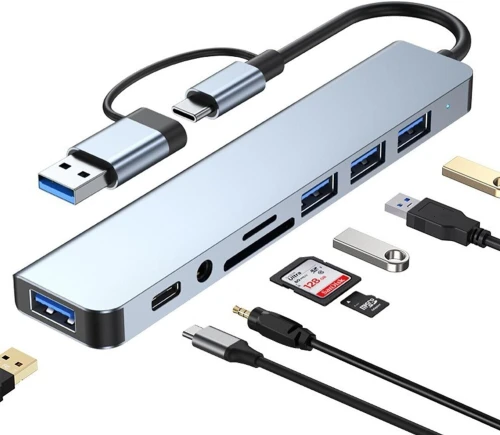Hub USB C et USB A 2-en-1 Multidock 8-en-1 avec USB 3.0 Ultra-Rapide 5Gbps, Dual Lecteur de Cartes SD/TF, Port Audio Jack 3.5mm et Extension USB-C, Adaptateur Station d'Accueil Aluminium