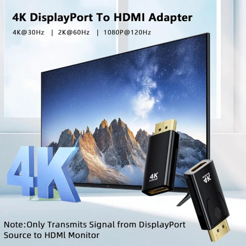 Adaptateur High-Speed DisplayPort Male to HDMI Female, Supports 4K@60Hz, HDCP 2.2, 3D, and Audio.