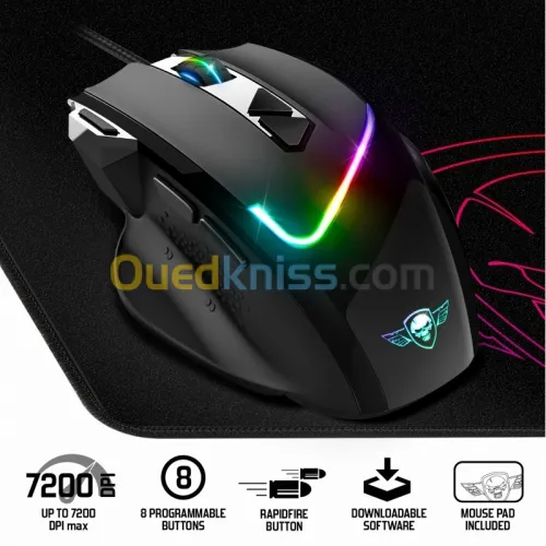 Pack Souris Filaire & Tapis de Souris pour Gamer 7200 dpi 8 Boutons Programmables RGB Pro-M3 