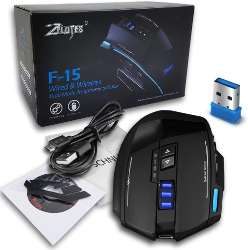 Souris Gaming Dual Mode Filaire USB & Sans Fil 2.4GHZ Jusqu'a 4800 DPI F-15 ZELOTES