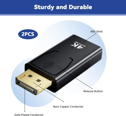 Adaptateur High-Speed DisplayPort Male to HDMI Female, Supports 4K@60Hz, HDCP 2.2, 3D, and Audio.