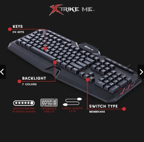 Clavier Gaming Membrane USB Multimédia Anti-Ghosting Rétro-Éclairage RGB QWERTY GK-509 Xtrike Me