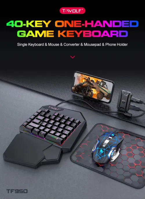 Kit Mobile Gaming 5en1 Clavier & Souris & Tapis de Souris & Convertisseur et support TF950 T-WOLF