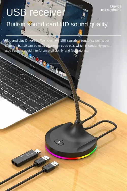 Microphone USB Omni Directionnel Flexible avec Hub 3 Ports USB, RGB, Anti- Bruit, Plug & Play