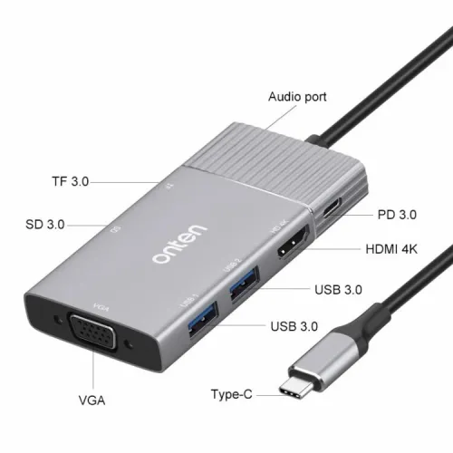 Station d'Accueil 7-en-1- USB-C, Vidéo HDMI+VGA 4K, 2*USB 3.0,  PD, SD/TF, Audio ,OTN-95113 ONTEN