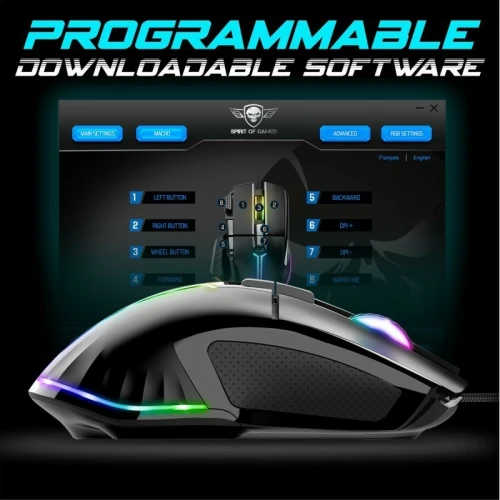 Souris USB Gamer Capteur optique 12800 dpi - 8 boutons programmables RGB PRO-M5 Spirit Of Gamer