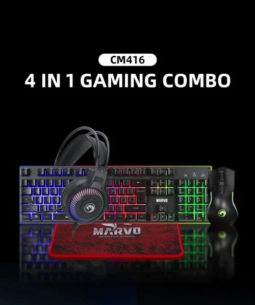 Pack Gaming 4en1 - Clavier Filaire, Souris 7 Boutons, Casque Stéréo avec Micro et Tapis CM416 MARVO