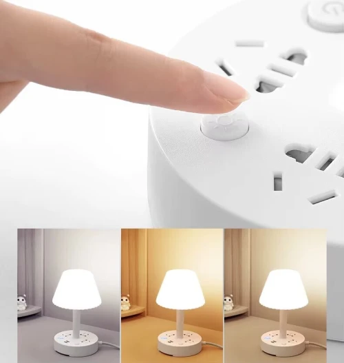 Lampe Veilleuse pour Chevet & Bureau avec Prises Secteur et Ports USB, Câble Secteur à 1.8m 