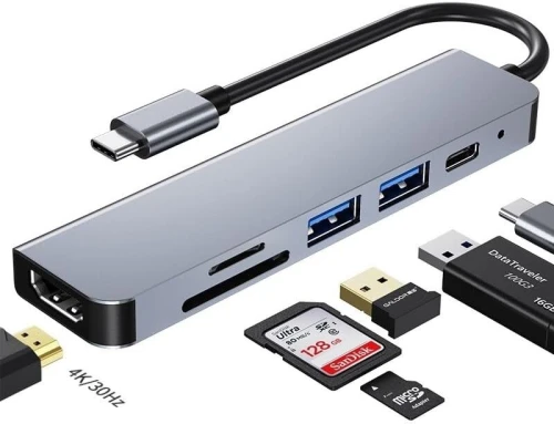 Adaptateur Hub USB Type-C 6-in-1, Station d'Accueil HDMI+SD+TF+USB2.0+USB3.0+PD Multifonction