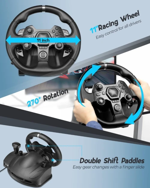 Volant de Course Gaming à 270 Degrés avec Pédales et Double Palettes Multiplateformes AP7