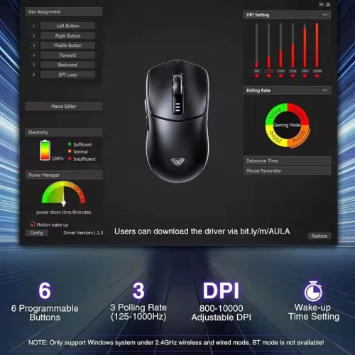 Souris Gaming Professionnel Tri-mode BT 5.0, 2.4G, Filaire jusqu'à 10000DPI Rechargeable SC580 AULA