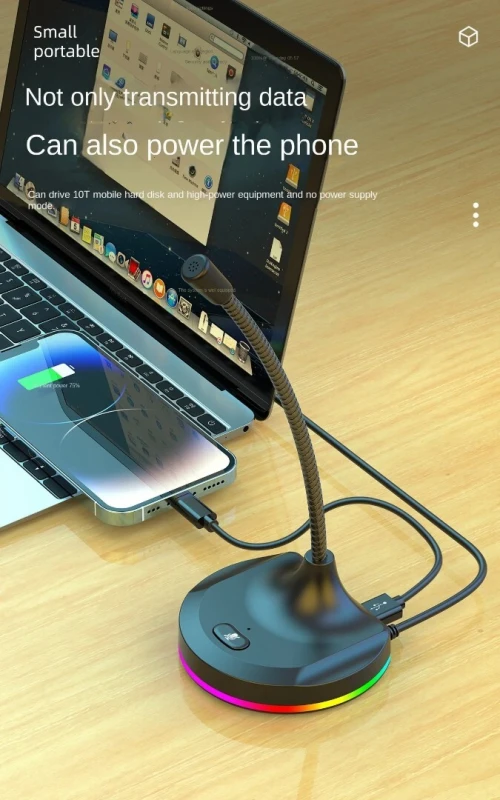Microphone USB Omni Directionnel Flexible avec Hub 3 Ports USB, RGB, Anti- Bruit, Plug & Play