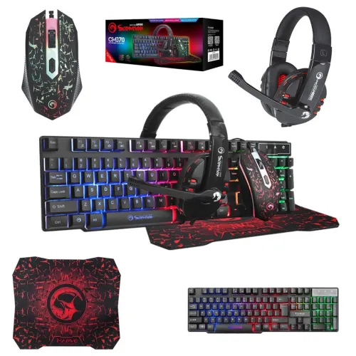 Pack 4En1 Gaming Clavier Rétroéclairé Souris Usb Led Tapis Souris Casque CM370 Marvo