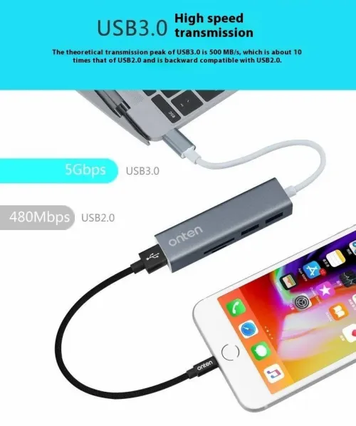Hub USB Type-C 5 en 1 3*USB 3.0 & Lecteur de carte SD TF en alliage d'aluminium OTN-9597 ONTEN
