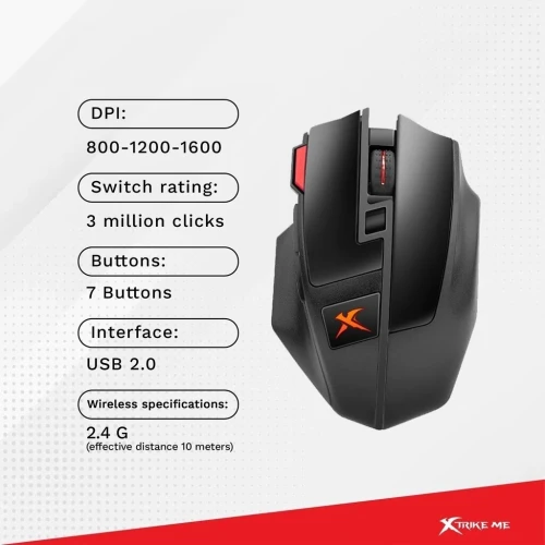 Souris Gaming Sans Fil 2.4GHz Capteur Optique 800-1200-1600 Dpi - 7 Boutons RGB GW-600 Xtrike-Me