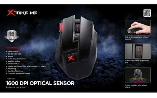 Souris Gaming Sans Fil 2.4GHz Capteur Optique 800-1200-1600 Dpi - 7 Boutons RGB GW-600 Xtrike-Me