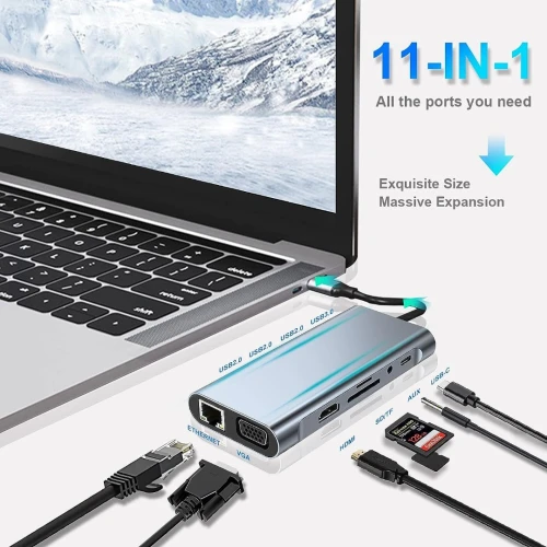 Adaptateur HUB USB Type-C vers RJ45 Gigabit & HDMI 4K & VGA & USB 3.0 11 en 1