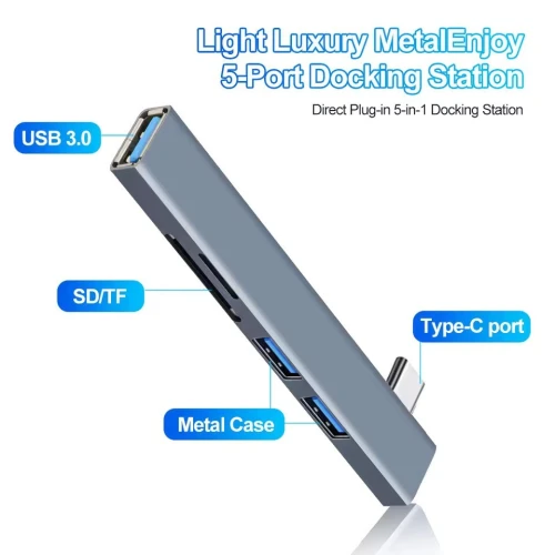 Hub USB Type-C 5 en 1, 1 x USB 3.0 + 2 x USB 2.0 + SD + TF Transmission 5Gbps Multiplateformes