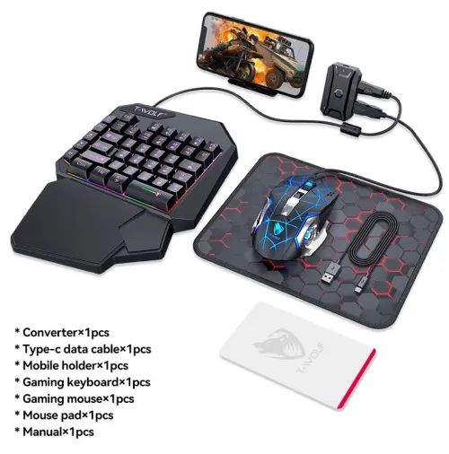 Kit Mobile Gaming 5en1 Clavier & Souris & Tapis de Souris & Convertisseur et support TF950 T-WOLF