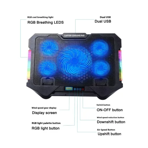 Refroidisseur Laptop de 5 Ventilateurs & Dual Support pour Mobile à RGB Compatible jusqu'à 17'' S500