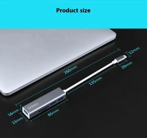 Hub USB Type-C 5 en 1 3*USB 3.0 & Lecteur de carte SD TF en alliage d'aluminium OTN-9597 ONTEN