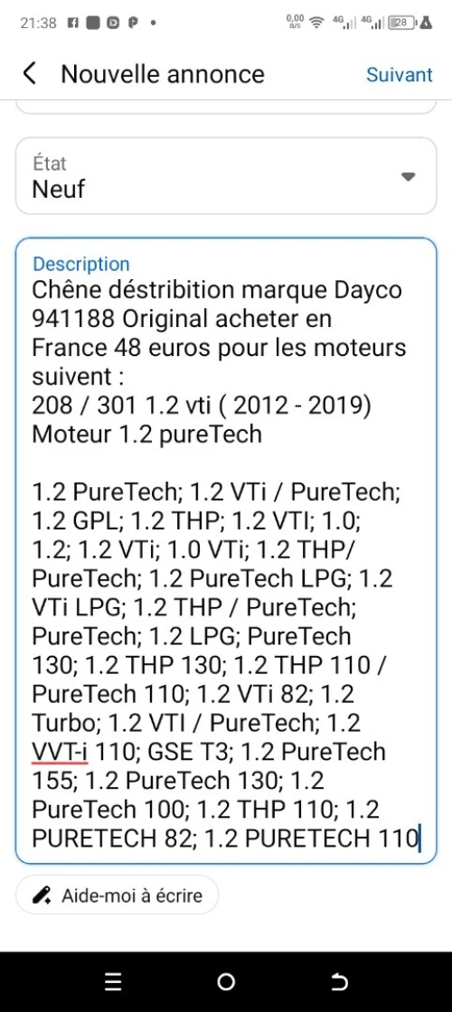 Chêne déstribition Dayco 208 / 301 1.2 acheter en  France