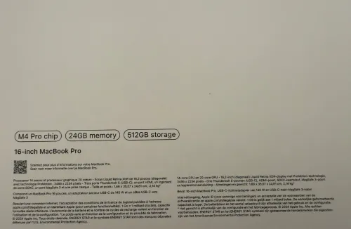 Neuf MacBook Pro 16 pouces M4 CPU 14 cœurs GPU 20 cœurs Mémoire unifiée 24 Go Stockage SSD 512 Go