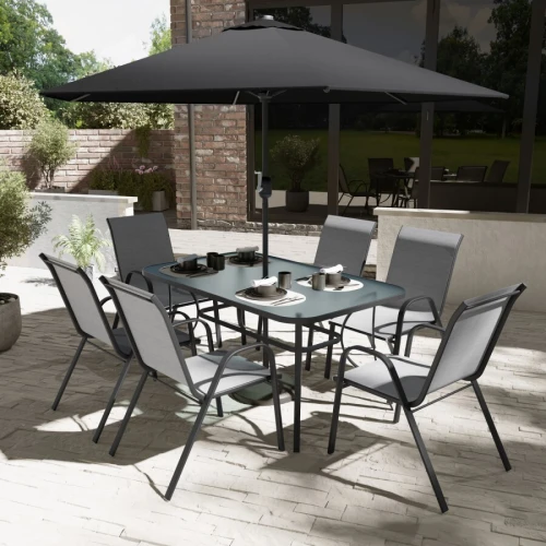 Table de jardin luxueuse avec 6 chaises et parasol