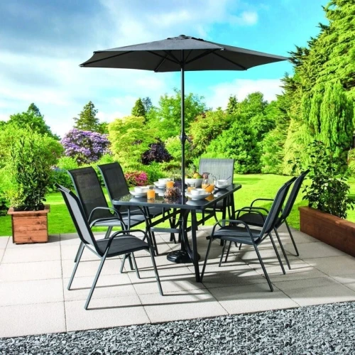 Table de jardin luxueuse avec 6 chaises et parasol