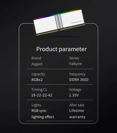 RAM DDR4 Asgard Valkyrie V5 série G mémoire 8GBx2 3200MHz RGB 