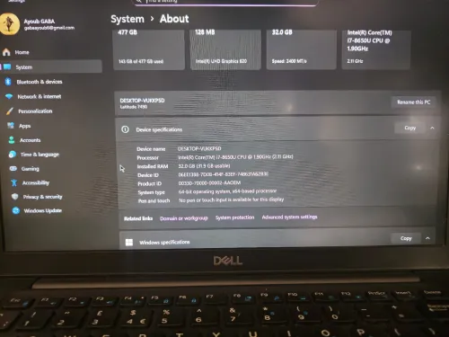 Laptop Dell Latitude 7490 intel core i7 8650U 512 ssd nvme 32GB ddr4 ram etat 9.5/10