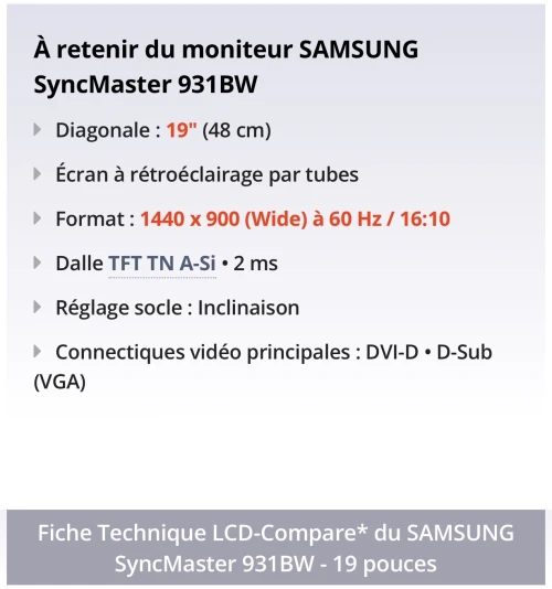 Écran moniteur SAMSUNG SyncMaster 931BW