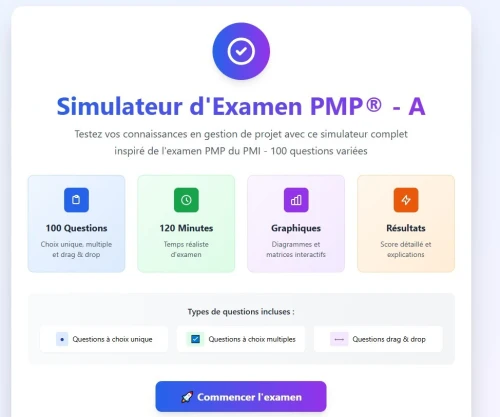Plate-forme de La certification PMP à votre portée , +3000 questions interactives pour réussir.