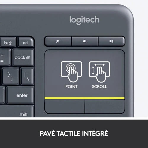 Logitech K400 Plus Clavier sans Fil Touch TV avec Contrôle Média et Pavé Tactile, Francais AZERTY