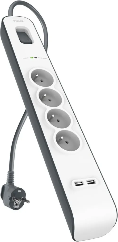 MULTIPRISE Belkin Parafoudre 4 prises, 525 Joules, cordon 2 m, USB x 2, Blanc
