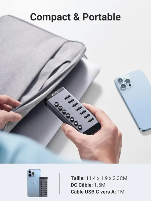 UGREEN Hub USB 3.0 Alimenté en Aluminium 7 Ports USB Hub Ports de Charge Interrupteur Indépendant