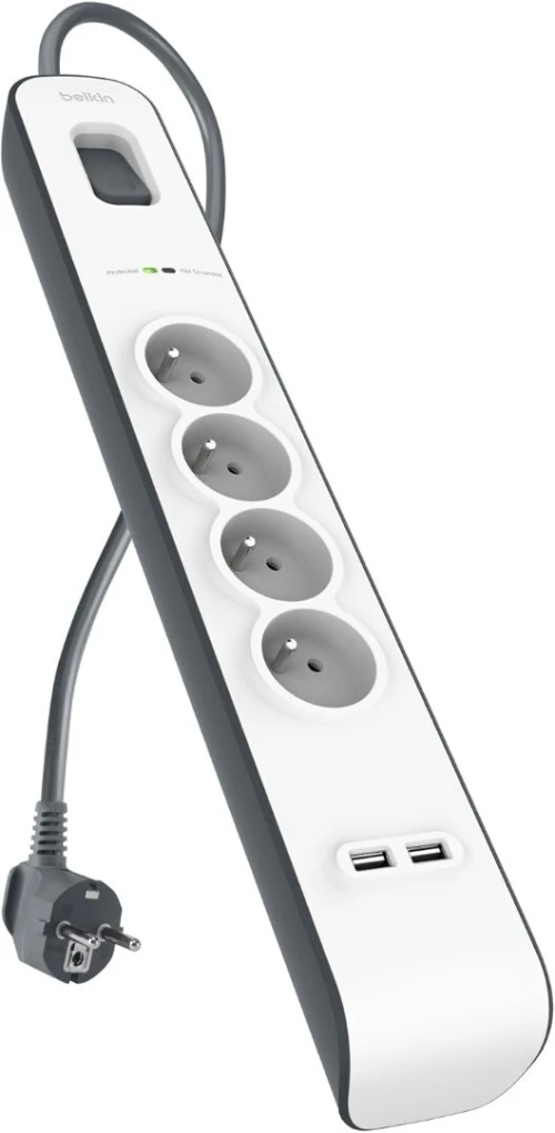 MULTIPRISE Belkin Parafoudre 4 prises, 525 Joules, cordon 2 m, USB x 2, Blanc
