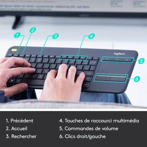 Logitech K400 Plus Clavier sans Fil Touch TV avec Contrôle Média et Pavé Tactile, Francais AZERTY