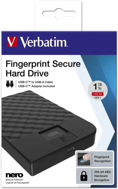 VERBATIM Fingerprint Secure - Disque Dur - chiffré - 1 to - Externe  USB 3.1 Gen1 AES 256 Bits