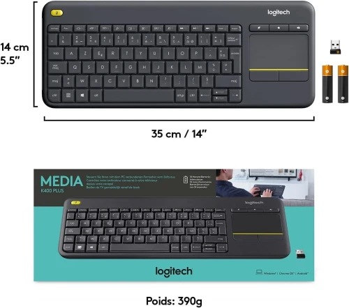 Logitech K400 Plus Clavier sans Fil Touch TV avec Contrôle Média et Pavé Tactile, Francais AZERTY