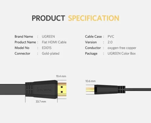 Câble Ugreen Flat HDMI 2.0 - 3 mètres (50820)