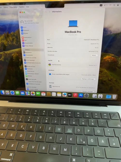Macbook pro 2021 14pouce M1 pro 16g 512g cycle 129 libire officiel