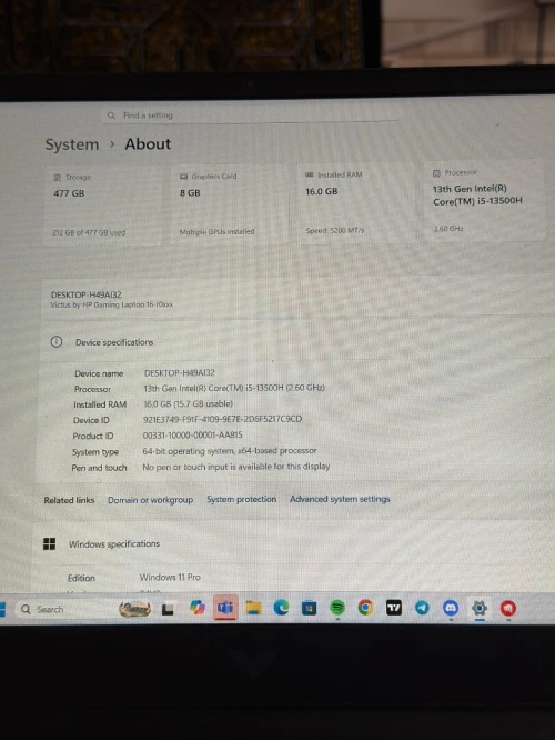 Hp victus 15 RTX 4060 08gb GDDR6 I5 13500H 16go RAM 512gb ssd 15,6fhd 144hz