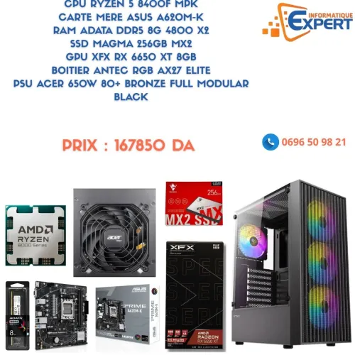 CONFIG RYZEN5 8400F CM A620M-K RAM 8GX2 SSD 256GB GPU RX6650 XT BOITIER AX27 ELITE PSU ACER 650W